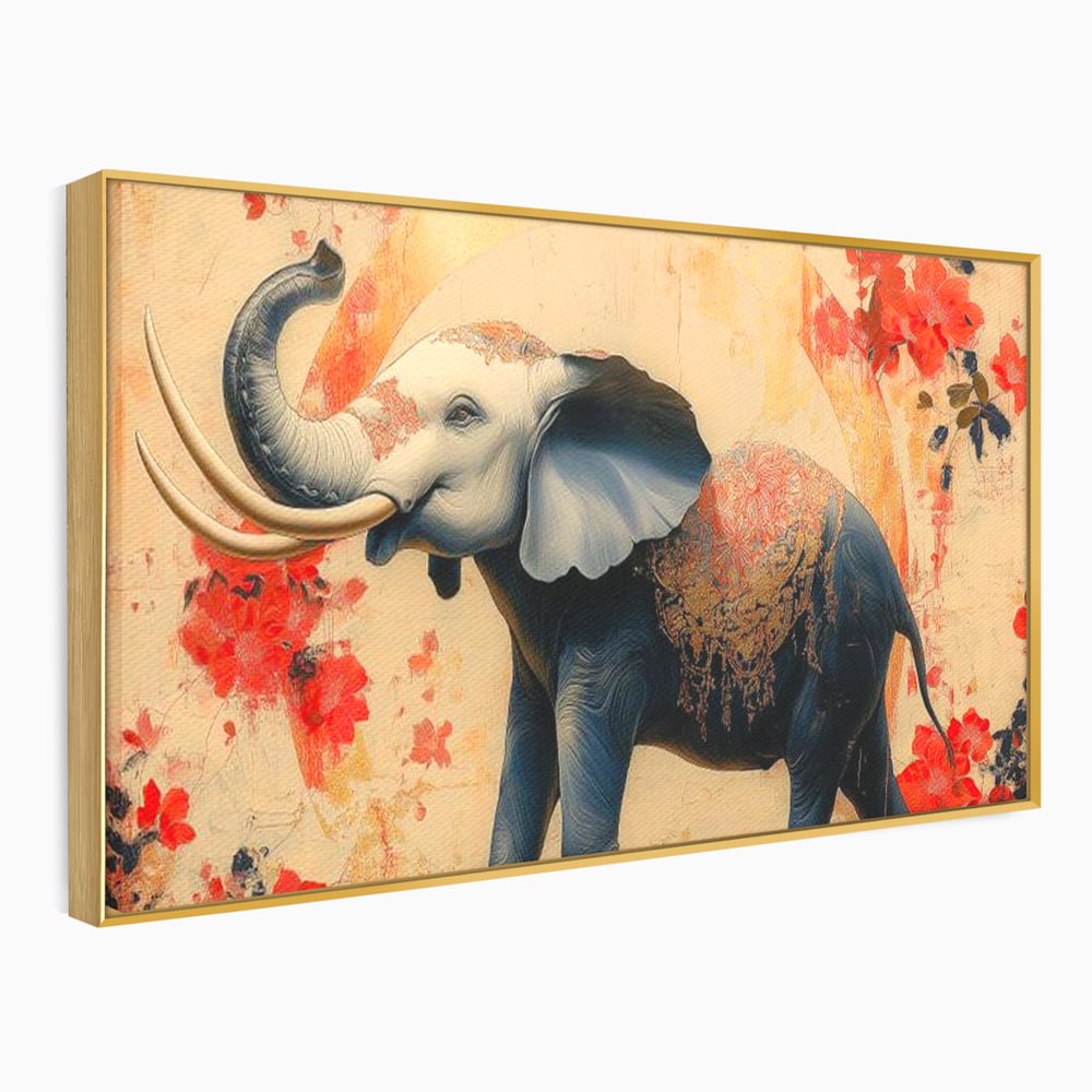 Tablou canvas cu tablou canvas cu elefant albastru, in rama de aluminiu auriu